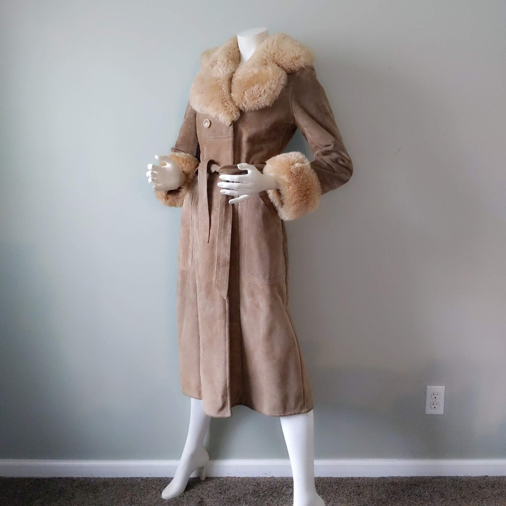Vtg 70s Almost Famous Shearling Collar Cuffs Suede Maxi Wrap Trench Coat XS S - Picture 3 of 7